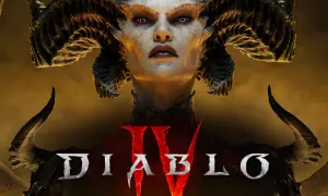 Portret Lilith z gry Diablo IV z rogami i logo gry.