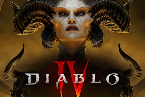 Portret Lilith z gry Diablo IV z rogami i logo gry.