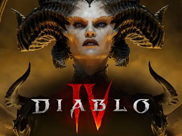 Portret Lilith z gry Diablo IV z rogami i logo gry.